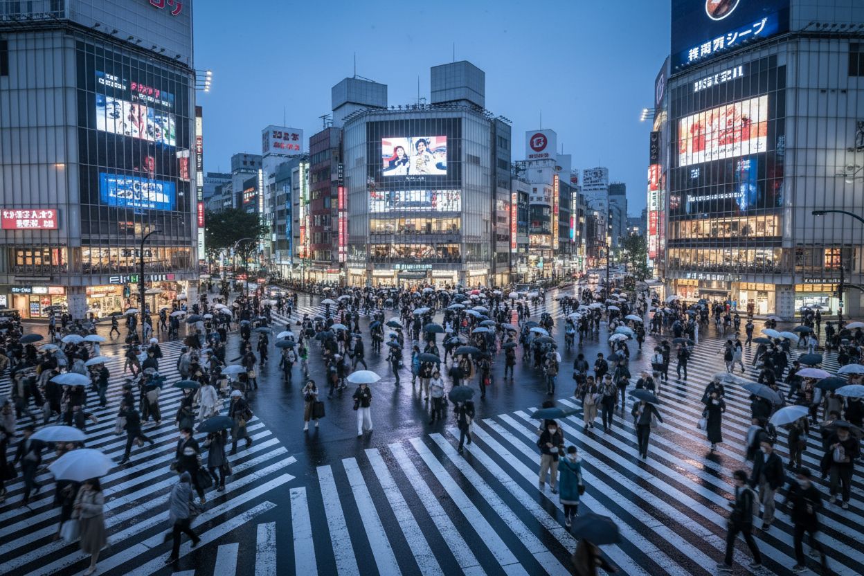 Le carrefour de Shibuya à Tokyo vu d'en haut, des centaines de piétons traversant en même temps
